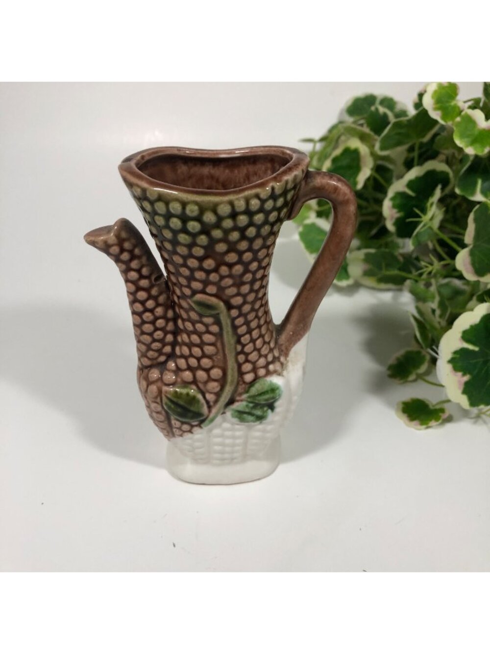 Vintage Japan Brown Small Bud Vase Faux Pitcher Hobnail Textured Dots 4.5 inches